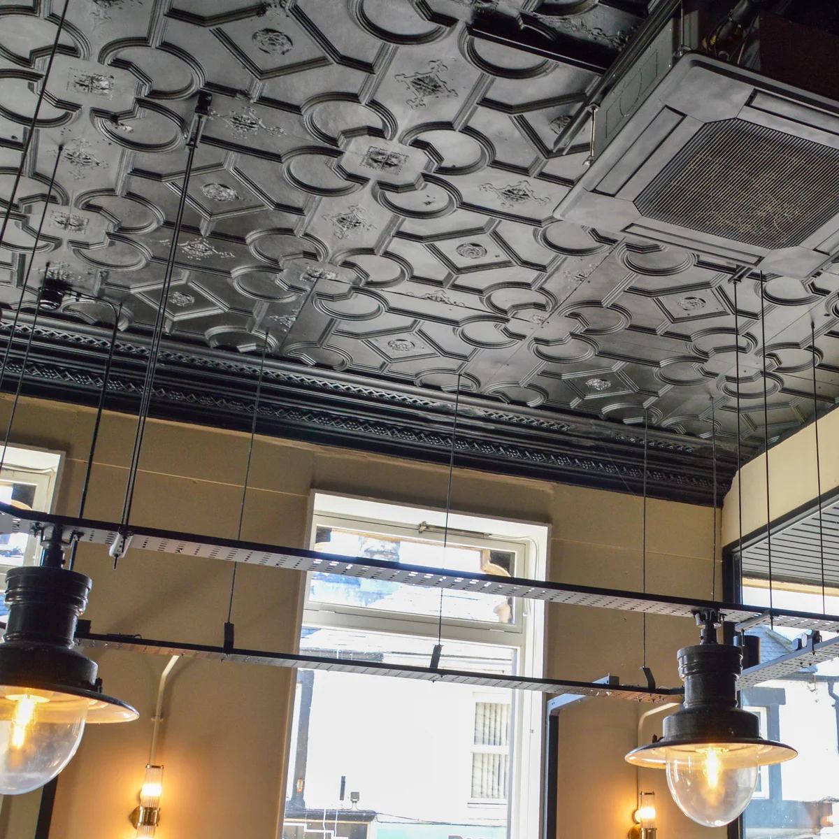 Restored decorative panelled ceiling, Will&rsquo;s Bar Clitheroe